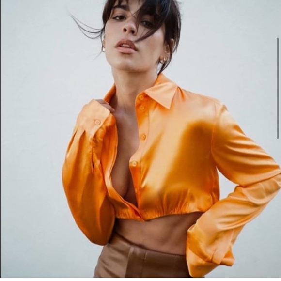 Zara Orange satin crop long sleeved collared shirt Small - Picture 1 of 6
